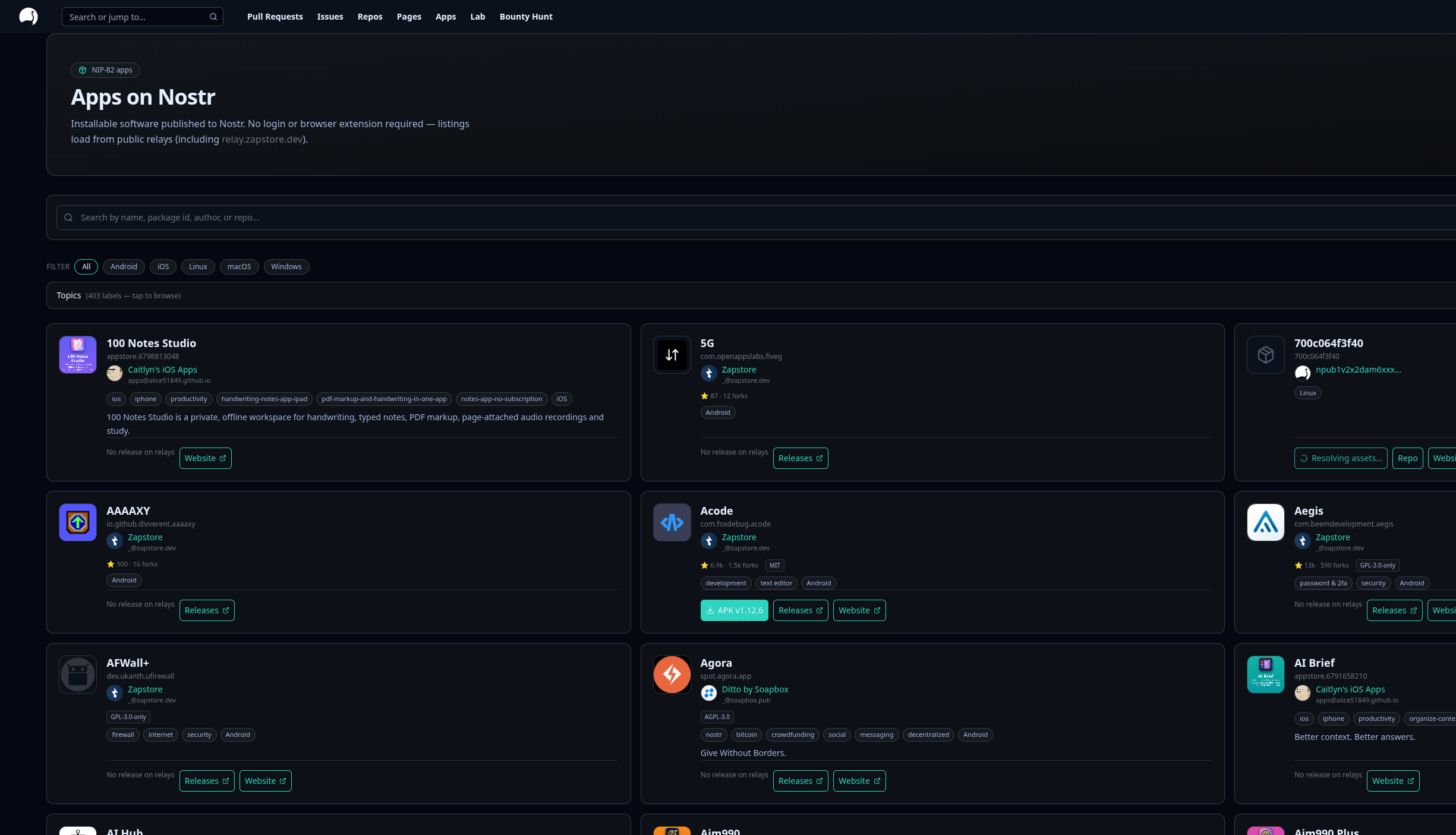 gittr Apps on Nostr directory with NIP-82 listings