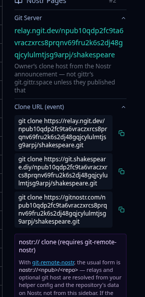 gittr sidebar Git Server and Clone URL list with three HTTPS remotes